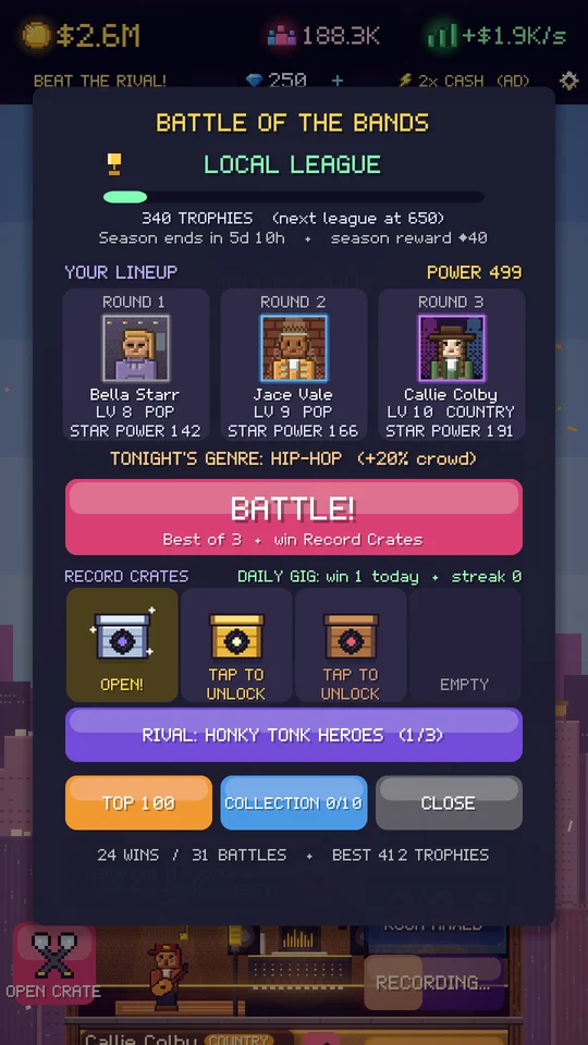 The Battle of the Bands hub with lineup, trophies and crates