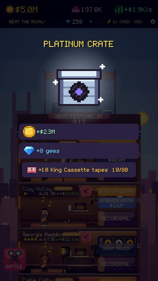 A Platinum Crate opening with cash, gems and cassette tapes